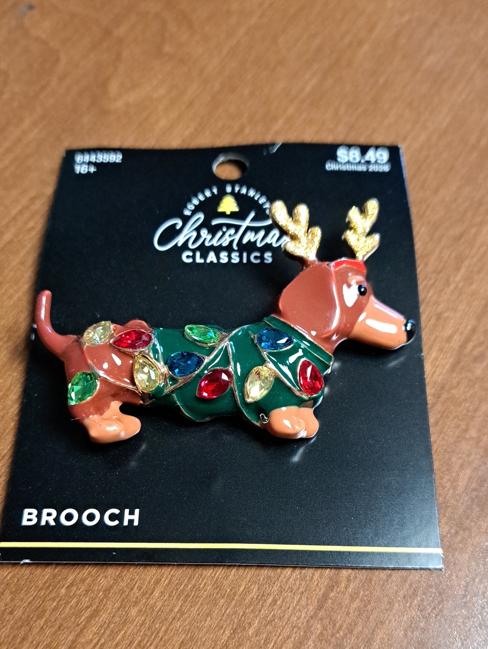 Christmas Reindeer Dachshund Brooch - Green & Brown